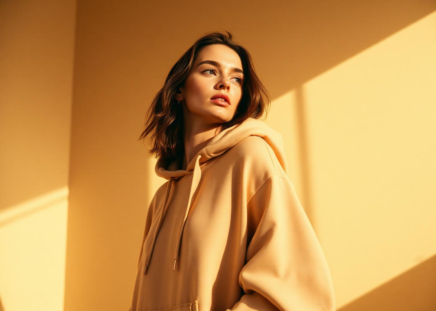 Model in an oversized hoodie lit by warm afternoon light