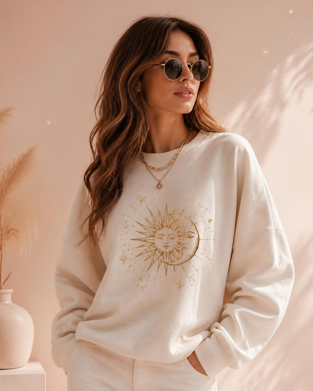 Model wearing a cream Gem Signature Co. sweatshirt with a gold celestial sun emblem